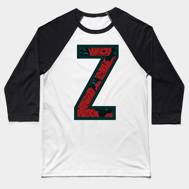 Modern Rose Floral Initial Name Alphabet - Letter Z Baseball T-Shirt by BroxArtworx